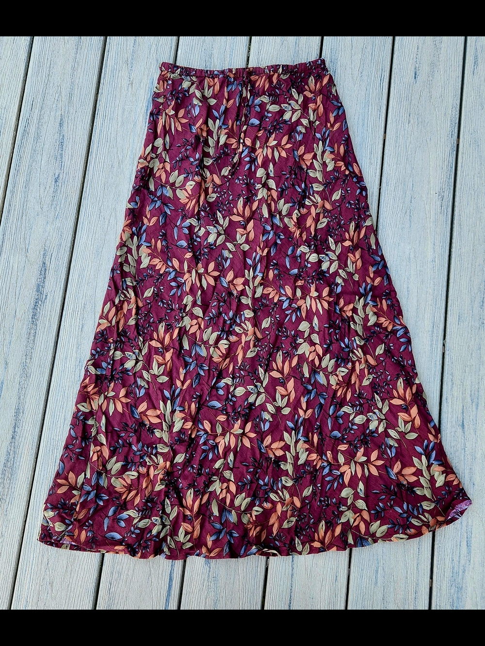 L.L. Bean Burgundy Leaf-Print Maxi Skirt